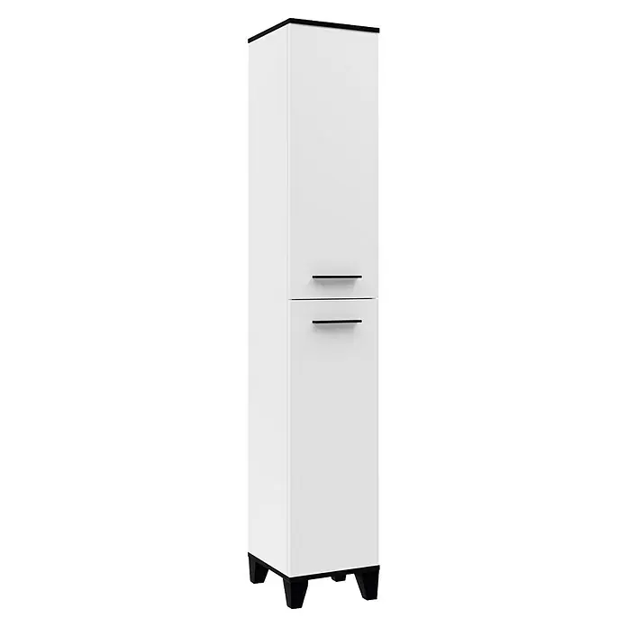 Fackelmann TE-A Hochschrank - B x T x H: 30,2 x 32 x 175,2 cm, Weiß - Ein hochauflösender Schrank in Weiß mit zwei Schubladen und modernen schwarzen Griffen. Ideal für stilvolle Aufbewahrung.