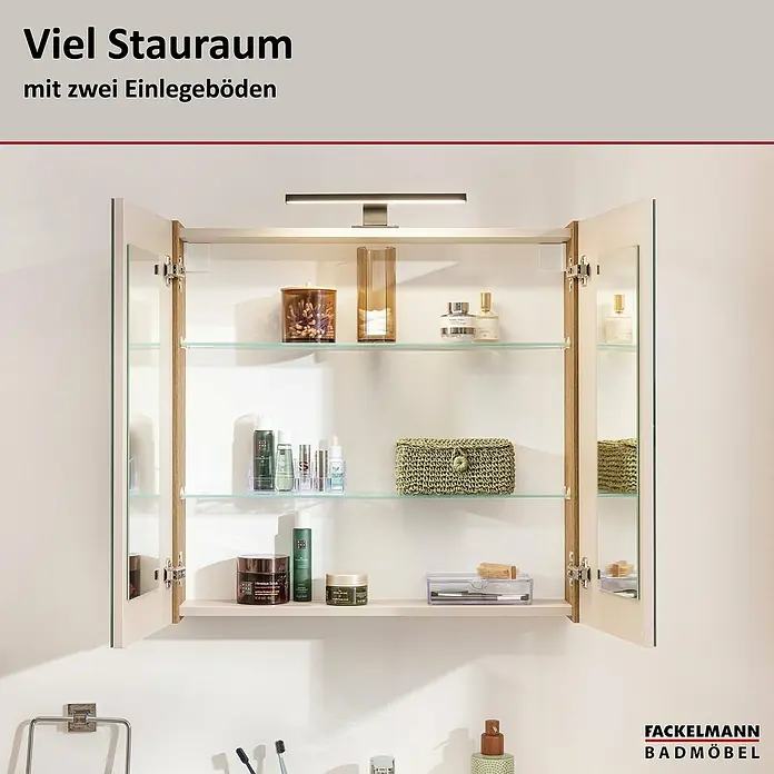 Fackelmann Compact Line Spiegelschrank - B x H: 70 x 68 cm, Lindberg Eiche - Badezimmerschrank mit Spiegeltüren, ausgestattet mit Glasböden für viel Stauraum. Ideal für Kosmetik und Badutensilien.