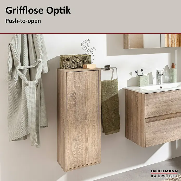 Fackelmann Compact Line Midischrank - B x T x H: 30,2 x 32 x 84,2 cm, Sonoma Eiche, Links/Rechts - Stilvoller Badezimmerschrank in Holzoptik mit griffloser Optik und Push-to-Open Funktion, ideal für moderne Badezimmer.