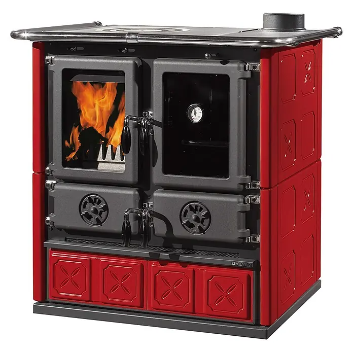 La Nordica Küchenherd Rosetta - 8,8 kW, Raumheizvermögen: 206 m³, Mit Holzfach, Schwarz/Bordeaux - Roter und schwarzer Holzherd mit Brennkammer, Backofen und Kochplatte, mit Chromgeländer und X-förmigen Paneelen.