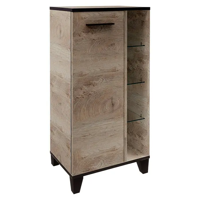 Fackelmann TE-A Midischrank - B x T x H: 47 x 32 x 94,2 cm, Nature Oak Holzoptik - Dieses Bild zeigt einen Holzschrank mit einer Tür und offenen Regalen. Der Schrank hat eine moderne Optik und dunkle Beine.