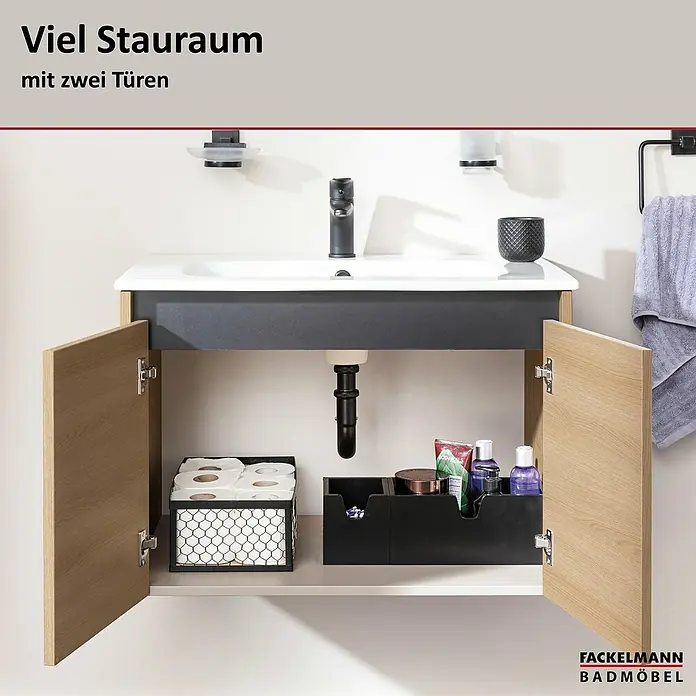 Fackelmann Compact Line Badmöbel-Set - Gesamtbreite Badmöbel: 71 cm, Lindberg-Eiche-Optik, Matt - Waschbeckenunterschrank mit viel Stauraum und zwei Türen für mehr Ordnung im Badezimmer.