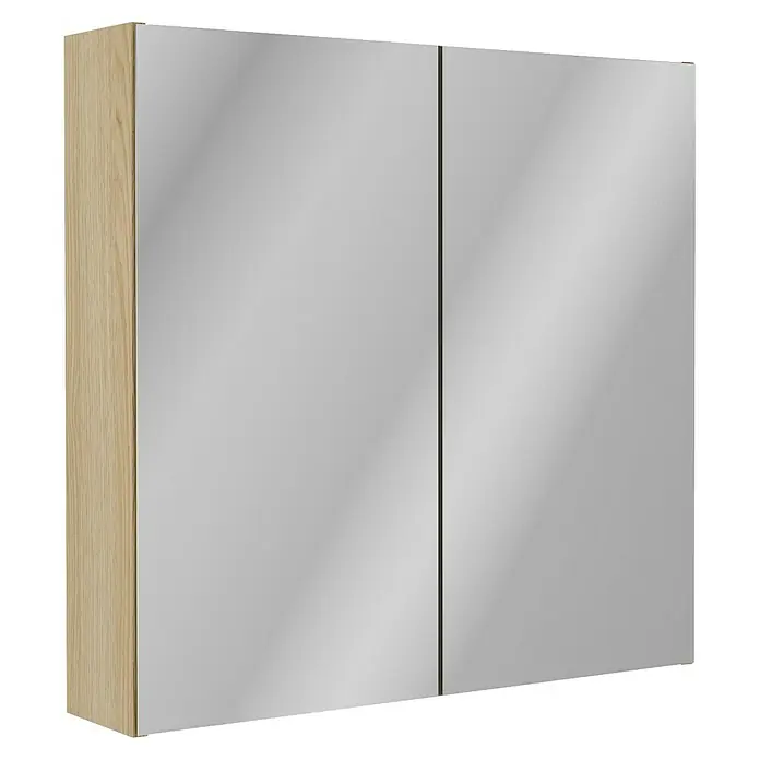 Fackelmann Compact Line Spiegelschrank - B x H: 70 x 68 cm, Lindberg Eiche - Ein Badezimmerschrank mit Spiegeltüren und einem Holzrahmen an der Seite bietet Stauraum und ein modernes Design.