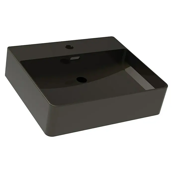 Fackelmann Aufsatzwaschbecken VAIDA - 50 x 42 cm, Hahnloch: Mitte, Mit Überlauf, Schwarz - Eine moderne, rechteckige Waschbecken-Schale in Schwarz, die stilvolles Design und Funktionalität für jedes Badezimmer bietet. Elegantes Designelement.