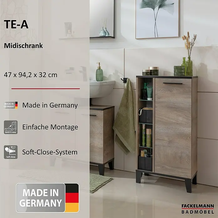 Fackelmann TE-A Midischrank - B x T x H: 47 x 32 x 94,2 cm, Nature Oak Holzoptik - Abbildung eines TE-A Midischranks in Holzoptik mit einer Tür und offenen Regalen, ideal für Badezimmer.