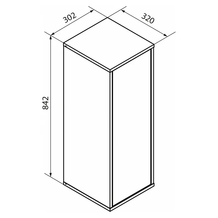 Fackelmann Compact Line Midischrank - B x T x H: 30,2 x 32 x 84,2 cm, Sonoma Eiche, Links/Rechts - Schemazeichnung eines hochschmalen Schranks mit den Maßen 302 x 320 x 842 mm. Das Möbelstück wird in einer perspektivischen Ansicht präsentiert.