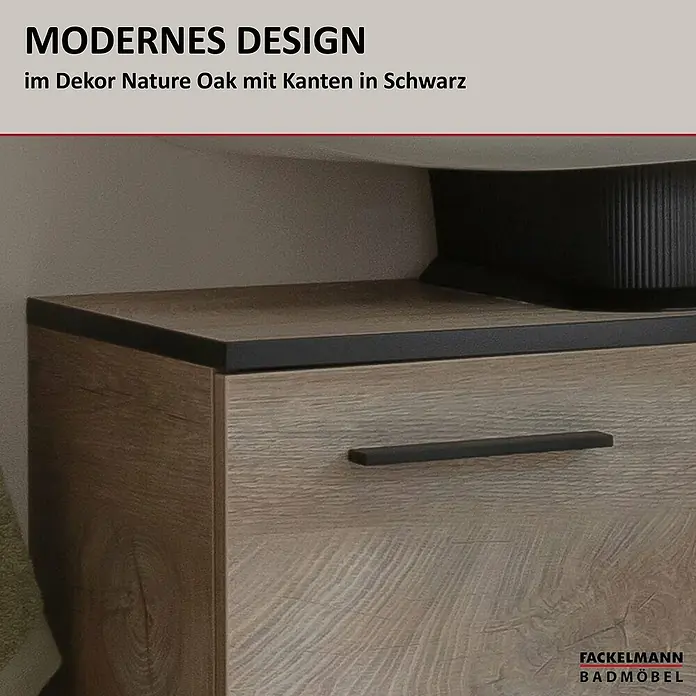 Fackelmann TE-A Waschbeckenunterschrank - Breite: 60,2 cm, Höhe: 63,2 cm, Nature Oak Holzoptik - Modernes Design-Badmöbel von Fackelmann im Dekor Nature Oak mit schwarzen Kanten und einem minimalistischen Griff.