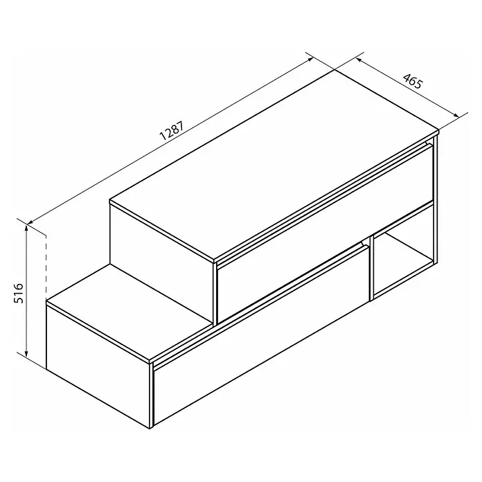 Fackelmann Vita Waschtischunterschrank - B x T x H: 128,7 x 46,5 x 51,6 cm, Summer Oak/Schwarz, Farbe Griff: Schwarz, Offenes Fach rechts - Abbildung eines TV-Möbelstücks mit Schubladen und offenem Fach, inklusive Maßangaben für Länge, Breite und Höhe.