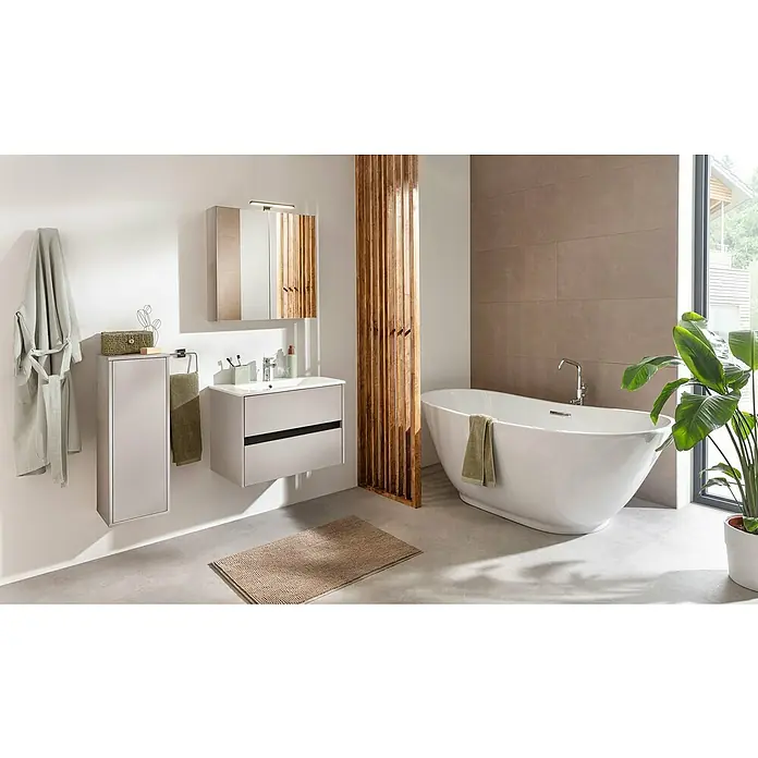 Fackelmann Compact Line Spiegelschrank - B x H: 70 x 68 cm, Kaschmir - Modernes Badezimmer mit freistehender Badewanne und stilvoller Waschtischkombination mit Spiegel für ein entspannendes Ambiente.
