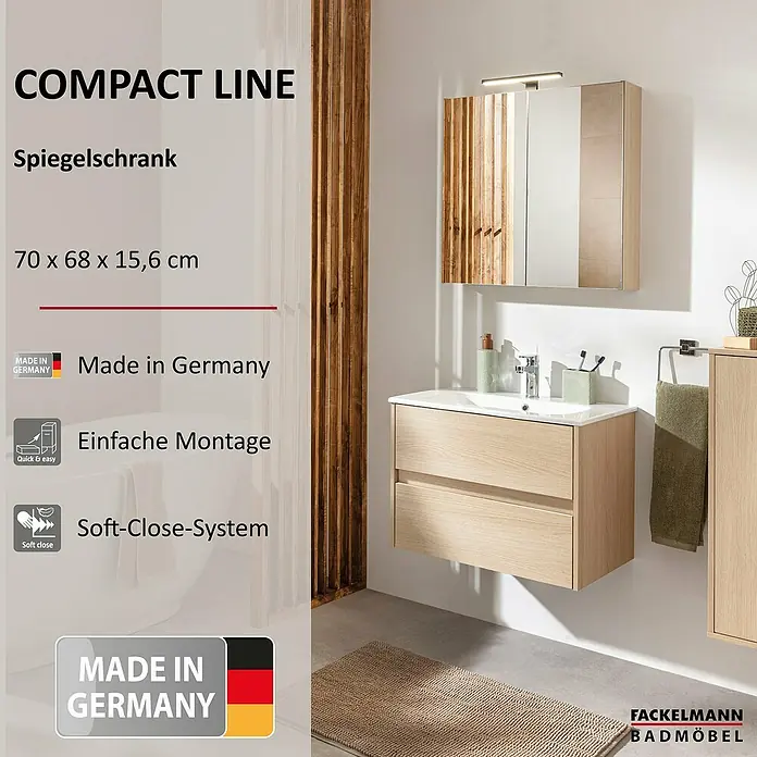 Fackelmann Compact Line Spiegelschrank - B x H: 70 x 68 cm, Lindberg Eiche - Produktabbildung eines modernen Badezimmerschranks der Compact Line mit Spiegel und Waschbeckenunterschrank in Holzoptik.