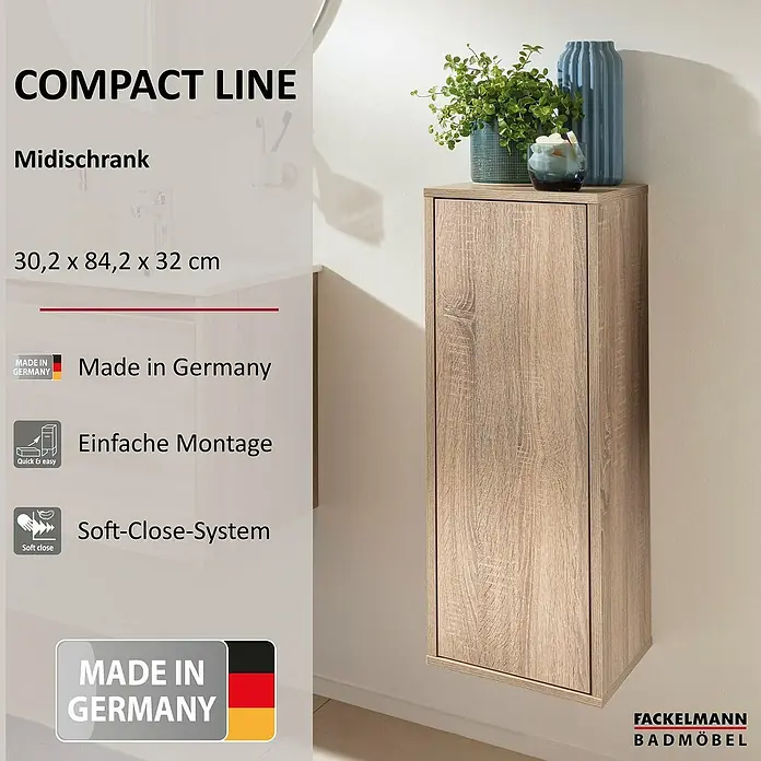 Fackelmann Compact Line Midischrank - B x T x H: 30,2 x 32 x 84,2 cm, Sonoma Eiche, Links/Rechts - Abbildung eines Fackelmann Badmöbel Midischranks, hängend und in Holzoptik, mit den Maßen 30,2 x 84,2 x 32 cm.