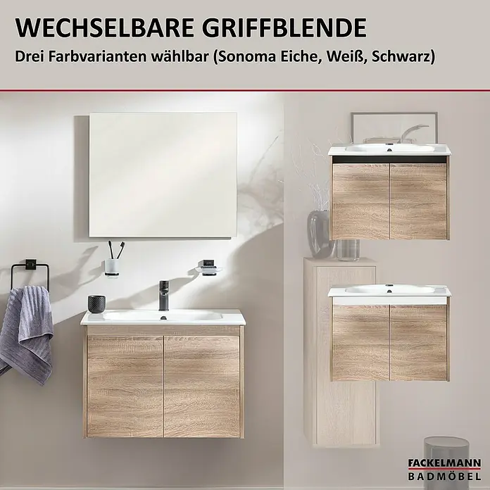 Fackelmann Compact Line Badmöbel-Set - Gesamtbreite Badmöbel: 71 cm, Sonoma-Eiche-Optik, Matt - Badezimmermöbel-Set mit Waschbeckenunterschrank und Spiegel. Drei Farbvarianten für die Griffe zur Auswahl: Sonoma Eiche, Weiß und Schwarz.