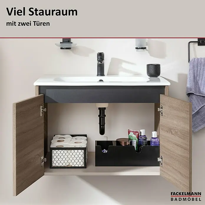 Fackelmann Compact Line Badmöbel-Set - Gesamtbreite Badmöbel: 71 cm, Sonoma-Eiche-Optik, Matt - Badezimmerschrank mit zwei Türen geöffnet. Viel Stauraum für Badutensilien und Handtücher dank des modernen Unterschranks.