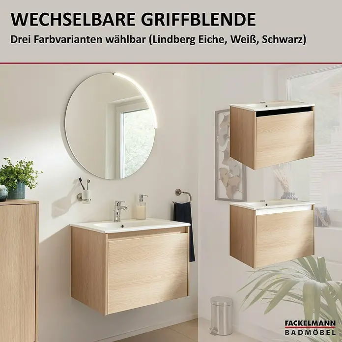 Fackelmann Compact Line Badmöbel-Set - Gesamtbreite Badmöbel: 71 cm, Lindberg Eiche, Matt, Anzahl Schubladen: 1 Stk. - Badezimmermöbel von Fackelmann mit wechselbarer Griffblende in drei Farbvarianten: Lindberg Eiche, Weiß und Schwarz. Der Waschtischunterschrank ist schwebend montiert.