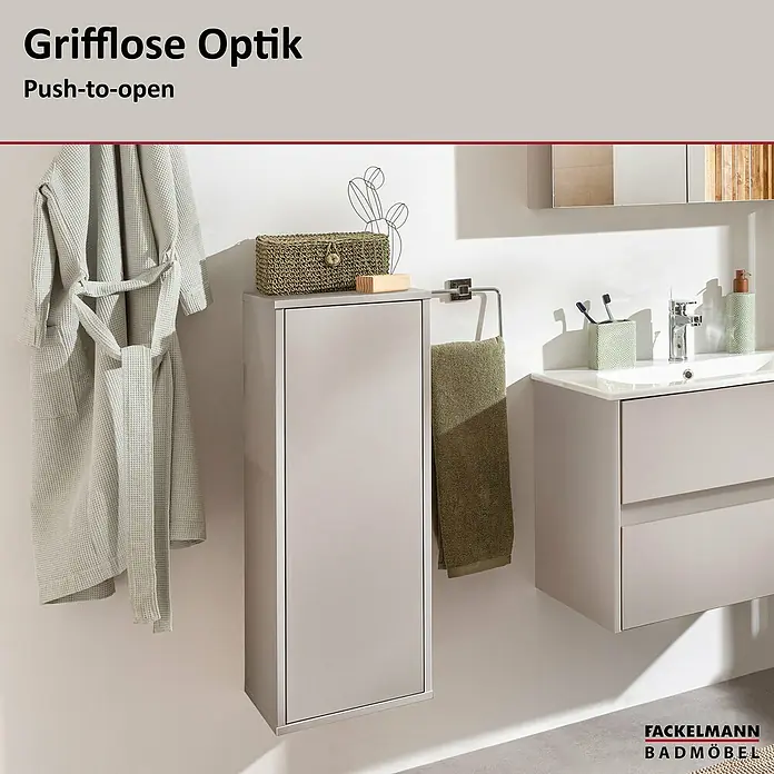 Fackelmann Compact Line Midischrank - B x T x H: 30,2 x 32 x 84,2 cm, Kaschmir, Links/Rechts - Abbildung eines modernen, grifflosem Badezimmerschranks in heller Farbe, der sich harmonisch in das Gesamtbild des Raumes einfügt.