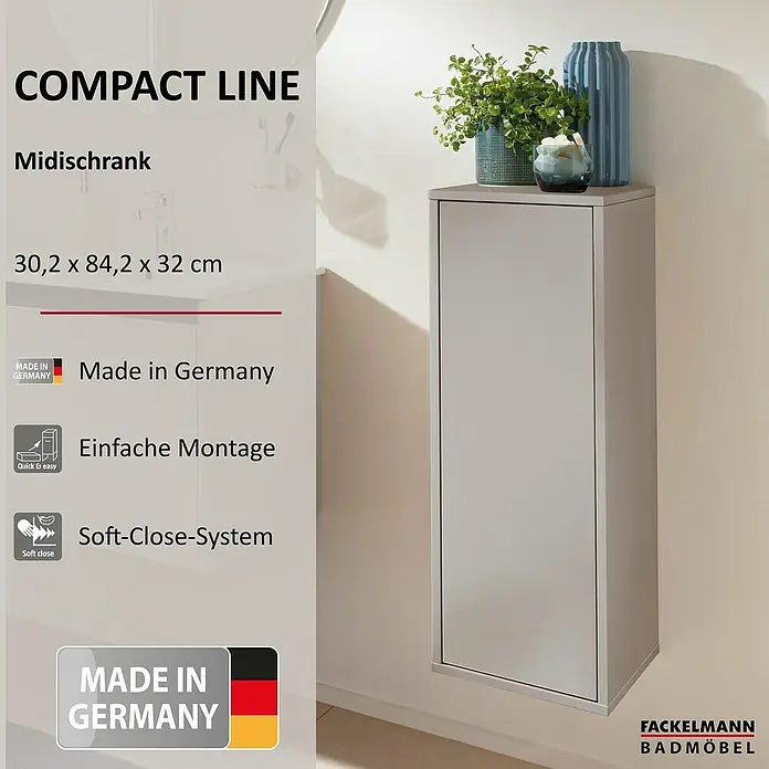 Fackelmann Compact Line Midischrank - B x T x H: 30,2 x 32 x 84,2 cm, Kaschmir, Links/Rechts - Abbildung eines grauen Fackelmann Badmöbel Midischranks der Compact Line mit Dekoration auf der Oberseite.