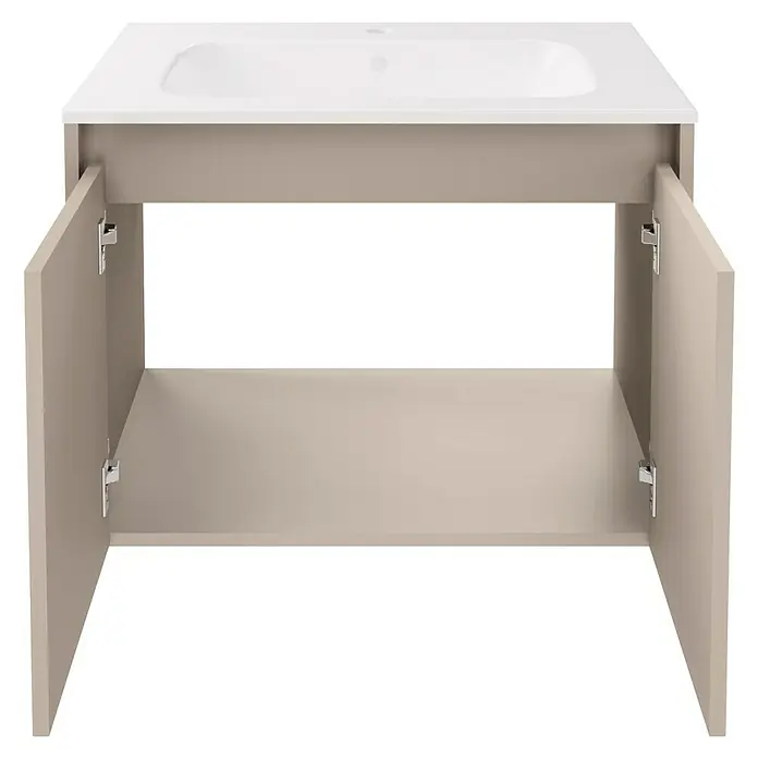 Fackelmann Compact Line Badmöbel-Set - Gesamtbreite Badmöbel: 71 cm, Kaschmir, Matt, Anzahl Türen: 2 Stk. - Offener Badunterschrank mit weißen Waschbecken, der viel Stauraum bietet. Das schlichte Design passt perfekt in moderne Badezimmer.