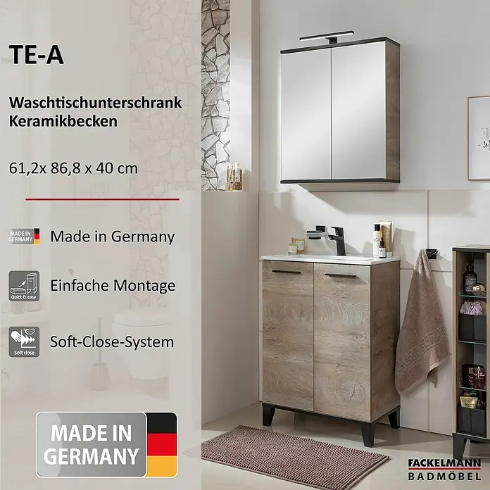 Fackelmann TE-A Badmöbel-Set - Gesamtbreite Badmöbel: 61,4 cm, Nature Oak Holzoptik, Matt, 2 -tlg. - Bild eines Waschtischunterschranks mit Keramikbecken von Fackelmann Badmöbel, hergestellt in Deutschland, in hellem Holzdesign mit Spiegelschrank.