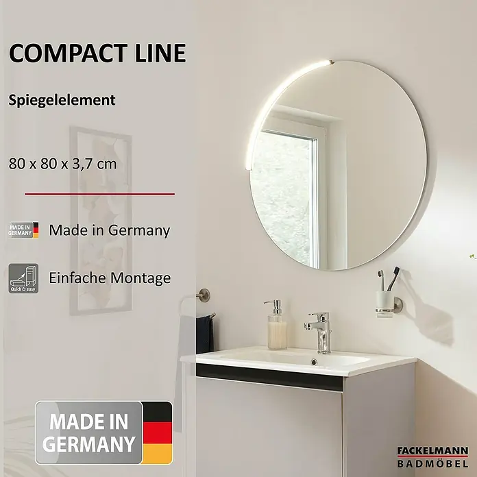 Fackelmann Compact Line LED-Lichtspiegel rund - Tiefe: 3,7 cm, Durchmesser: 80 cm, LED - Abbildung eines runden Spiegelelements mit LED-Beleuchtung aus der Compact Line Serie von Fackelmann Badmöbel.