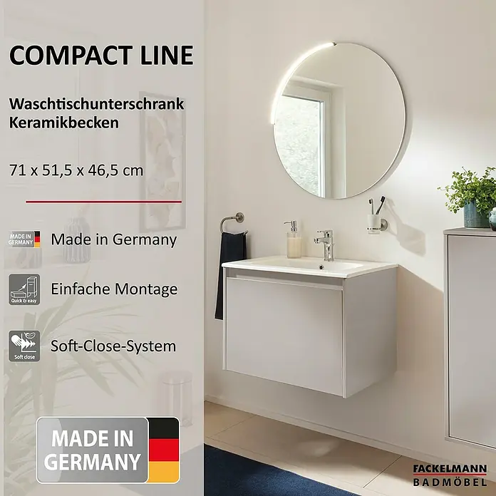 Fackelmann Compact Line Badmöbel-Set - Gesamtbreite Badmöbel: 71 cm, Kaschmir, Matt, Anzahl Schubladen: 1 Stk. - Waschbeckenunterschrank Compact Line mit Keramikbecken, Maße 71 x 51,5 x 46,5 cm, hergestellt in Deutschland, mit Soft-Close-System.
