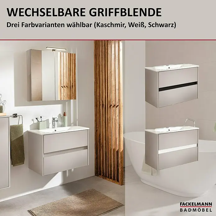 Fackelmann Compact Line Badmöbel-Set - Gesamtbreite Badmöbel: 71 cm, Kaschmir, Matt, Anzahl Schubladen: 2 Stk. - Waschbeckenunterschrank mit wechselbarer Griffblende in Kaschmir, Weiß oder Schwarz für modernes Badezimmerdesign.