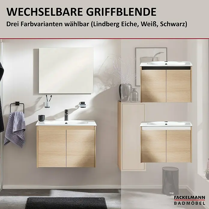 Fackelmann Compact Line Badmöbel-Set - Gesamtbreite Badmöbel: 71 cm, Lindberg-Eiche-Optik, Matt - Produktabbildung von Fackelmann Badmöbel: Wechselbare Griffblende, drei Farbvarianten wählbar (Lindberg Eiche, Weiß, Schwarz).
