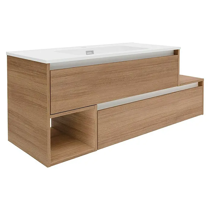 Fackelmann Vita Waschtischunterschrank - B x T x H: 128,5 x 46 x 50 cm, Summer Oak/Weiß, Offenes Fach links - Schickes, modernes Badezimmer-Waschbeckenmöbel mit Holzstruktur und weißem Aufsatzwaschbecken für ein stilvolles Ambiente im Bad.