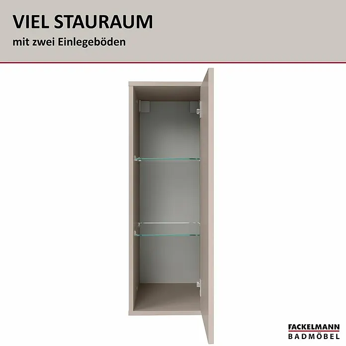 Fackelmann Compact Line Midischrank - B x T x H: 30,2 x 32 x 84,2 cm, Kaschmir, Links/Rechts - Abbildung eines Fackelmann Badmöbel-Hochschranks mit zwei Einlegeböden für zusätzlichen Stauraum.