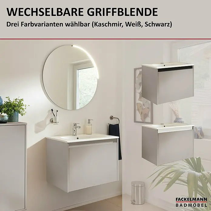 Fackelmann Compact Line Badmöbel-Set - Gesamtbreite Badmöbel: 71 cm, Kaschmir, Matt, Anzahl Schubladen: 1 Stk. - Das Bild zeigt ein modernes Badezimmer-Set von Fackelmann mit einem stilvollen Waschtisch und einem runden Spiegel mit Beleuchtung.