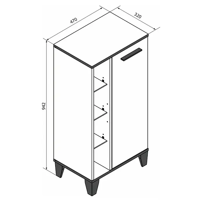 Fackelmann TE-A Midischrank - B x T x H: 47 x 32 x 94,2 cm, Weiß - Abbildung eines weißen Schuhschranks mit Griff und verstellbaren Regalböden. Ideal für Flur und Schlafzimmer.