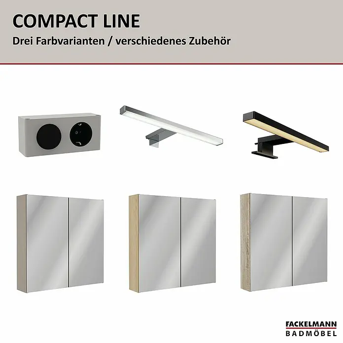 Fackelmann Compact Line Spiegelschrank - B x H: 70 x 68 cm, Kaschmir - Produktbild: Kompakte Badmöbel-Serie mit verschiedenen Spiegelschränken, Leuchten und Steckdosenelementen für ein modernes Badezimmerdesign.
