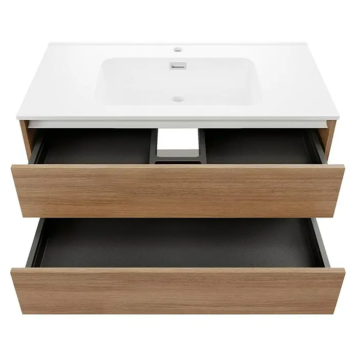 Fackelmann Vita Waschtischunterschrank - B x T x H: 100 x 46 x 50 cm, Summer Oak/Weiß, Farbe Griff: Weiß - Ein Waschtischunterschrank mit zwei offenen Schubladen und einem weißen Waschbecken oben. Der Korpus ist in Holzoptik gehalten.