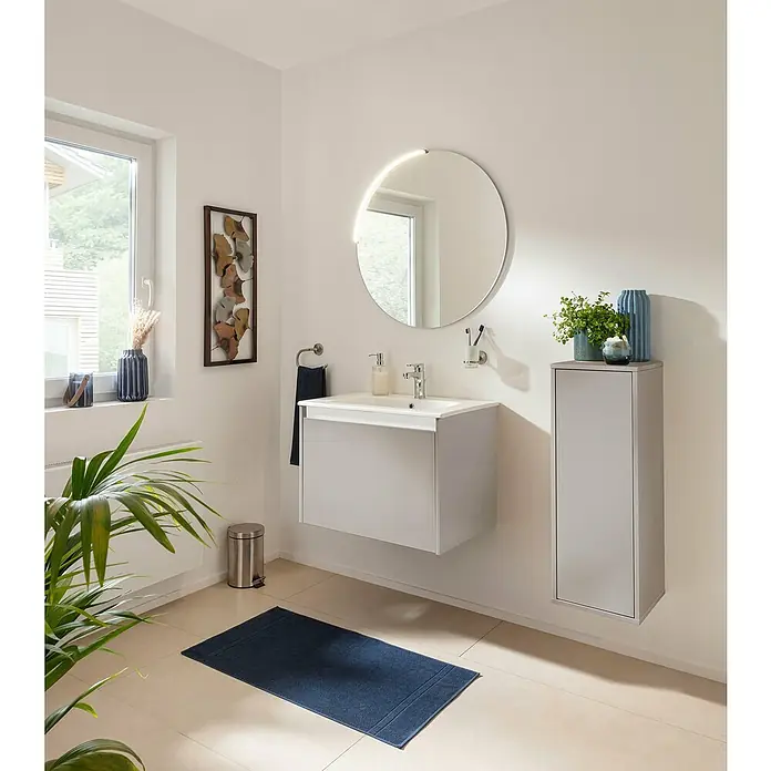 Fackelmann Compact Line Badmöbel-Set - Gesamtbreite Badmöbel: 71 cm, Kaschmir, Matt, Anzahl Schubladen: 1 Stk. - Modernes Badezimmer mit hängendem Waschtisch, rundem Spiegel mit Beleuchtung und passendem Hochschrank für ein stilvolles Ambiente.