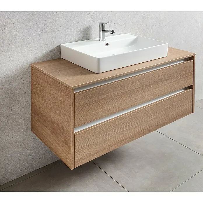Fackelmann Vita Waschtischunterschrank - B x T x H: 100,4 x 46,5 x 51,4 cm, Summer Oak/Weiß - Elegantes Badezimmer-Waschbecken mit Unterschrank in Holzoptik und rechteckigem Aufsatzwaschbecken für ein modernes Ambiente im Bad.