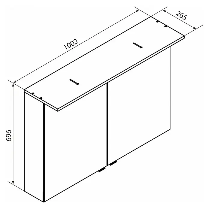 Fackelmann Vita LED-Spiegelschrank - B x H: 100,2 x 69,6 cm, Summer Oak - Darstellung eines Schranks mit Schubladen. Die Zeichnung zeigt detaillierte Maße und eine perspektivische Ansicht des Möbelstücks.