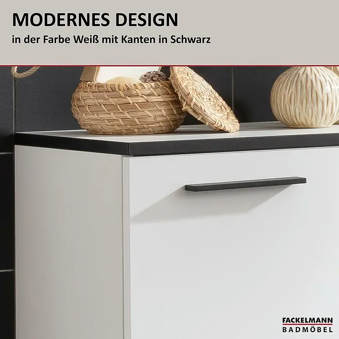 Fackelmann TE-A Midischrank - B x T x H: 47 x 32 x 94,2 cm, Weiß - Modernes weißes Badmöbel mit schwarzen Kanten und Griff. Stilvolles Design für jedes Badezimmer.