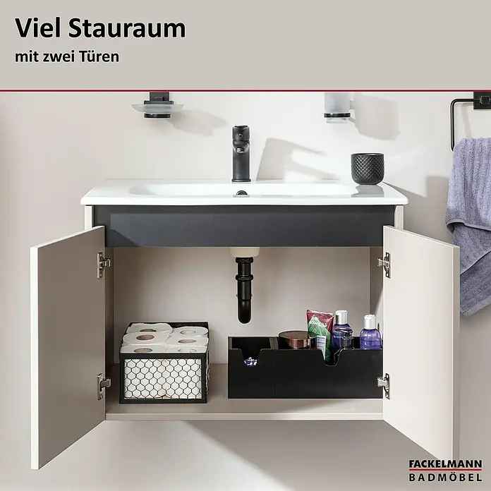 Fackelmann Compact Line Badmöbel-Set - Gesamtbreite Badmöbel: 71 cm, Kaschmir, Matt, Anzahl Türen: 2 Stk. - Badezimmerschrank mit viel Stauraum und zwei Türen. Der Waschtischunterschrank bietet Platz für Badutensilien.