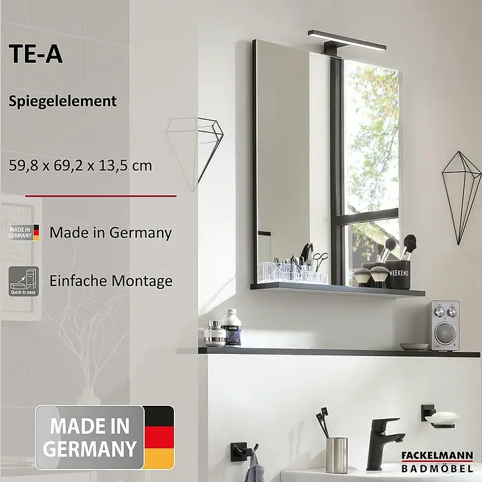 Fackelmann TE-A Ablagespiegel -  - Abgebildet ist ein TE-A Spiegelelement mit den Maßen 59,8 x 69,2 x 13,5 cm, hergestellt in Deutschland und einfach zu montieren, zur Badgestaltung.