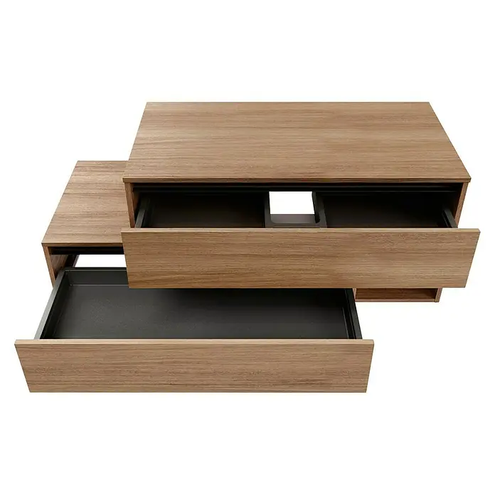 Fackelmann Vita Waschtischunterschrank - B x T x H: 128,7 x 46,5 x 51,6 cm, Summer Oak/Schwarz, Farbe Griff: Schwarz, Offenes Fach rechts - Detailaufnahme eines Holzschubladenelements mit zwei offenen Schubladen, die das Innenleben des Möbelstücks zeigen.