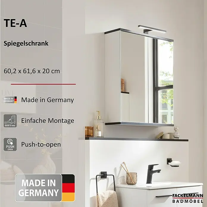 Fackelmann TE-A Spiegelschrank - B x H: 60,2 x 61,6 cm, Weiß - Abbildung eines TE-A Spiegelschranks mit den Maßen 60,2 x 61,6 x 20 cm, hergestellt in Deutschland, einfache Montage und Push-to-Open Funktion.