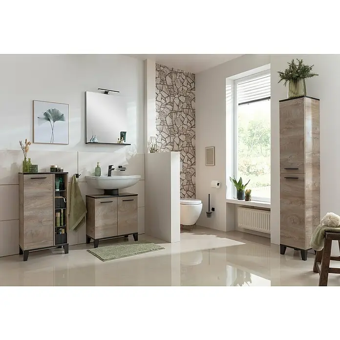 Fackelmann LED-Aufsatzleuchte - 5,6 W - Modernes Badezimmer-Interieur mit Waschtisch, Spiegelschrank, Hochschrank und Dekorationen in harmonischen Farben für ein stilvolles Ambiente.
