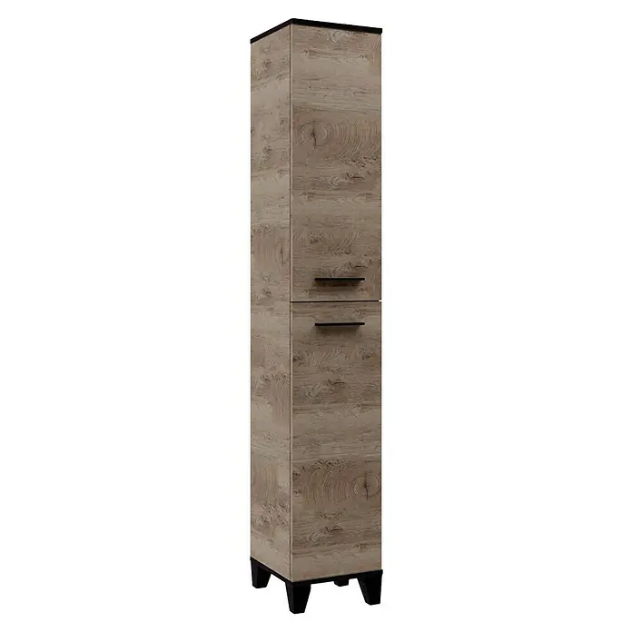 Fackelmann TE-A Hochschrank - B x T x H: 30,2 x 32 x 175,2 cm, Nature Oak Holzoptik - Hochauflösende Nahaufnahme eines hellbraunen Badezimmerschranks mit Schubladen und schlanken schwarzen Griffen für ein modernes Aussehen.