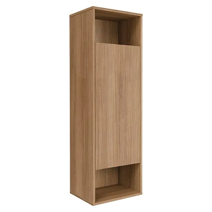 Fackelmann Vita Midischrank - B x T x H: 40,2 x 32 x 125,7 cm, Summer Oak, DIN Anschlag: Rechts, Mit zwei offenen Fächern - Ein hoher Holzschrank mit einer Tür, die den mittleren Teil bedeckt und oben und unten offene Regale zeigt.
