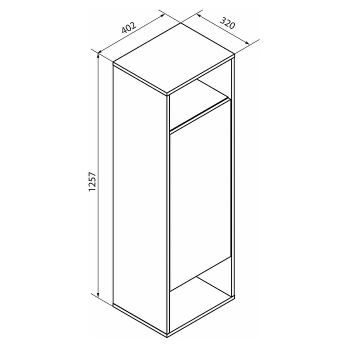 Fackelmann Vita Midischrank - B x T x H: 40,2 x 32 x 125,7 cm, Summer Oak, DIN Anschlag: Rechts - Skizze eines schmalen Kleiderschranks mit den Maßen 1257 mm Höhe, 402 mm Breite und 320 mm Tiefe.\n