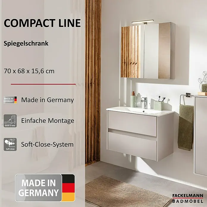Fackelmann Compact Line Spiegelschrank - B x H: 70 x 68 cm, Kaschmir - Bild eines Compact Line Spiegelschranks mit den Maßen 70 x 68 x 15,6 cm, hergestellt in Deutschland, mit Soft-Close-System und einfacher Montage.