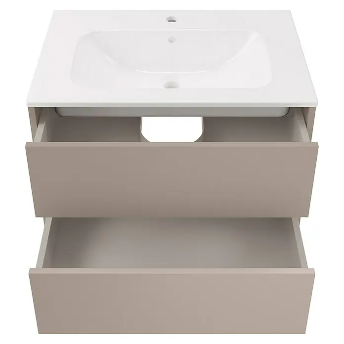 Fackelmann Compact Line Badmöbel-Set - Gesamtbreite Badmöbel: 71 cm, Kaschmir, Matt, Anzahl Schubladen: 2 Stk. - Modernes Waschbecken mit zwei Schubladen in Beige und Weiß. Der Waschtisch ist offen und bietet Stauraum.