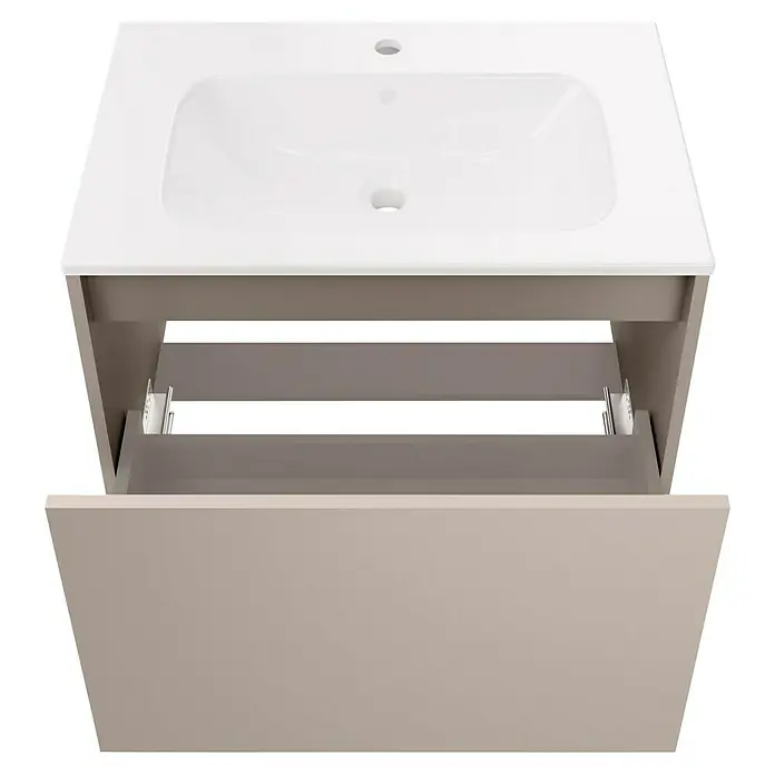Fackelmann Compact Line Badmöbel-Set - Gesamtbreite Badmöbel: 71 cm, Kaschmir, Matt, Anzahl Schubladen: 1 Stk. - Modernes Waschbeckenunterschrank mit offenem Schubfach, ideal für Badezimmer. Elegantes Design in Weiß und Grau.