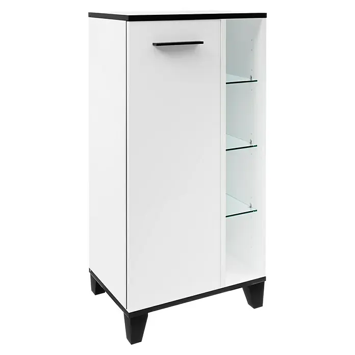 Fackelmann TE-A Midischrank - B x T x H: 47 x 32 x 94,2 cm, Weiß - Weißer Schrank mit einer Tür, einem schwarzen Griff und offenen Regalen mit Glasböden, die Eleganz und Funktionalität verbinden.