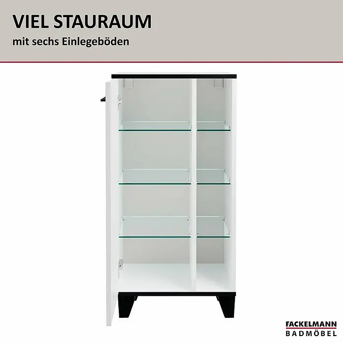 Fackelmann TE-A Midischrank - B x T x H: 47 x 32 x 94,2 cm, Weiß - Badezimmerschrank in Weiß und Schwarz mit sechs Einlegeböden aus Glas. Viel Stauraum für Ihr Badezimmer.