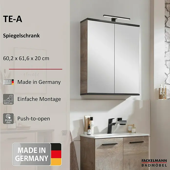 Fackelmann TE-A Spiegelschrank - B x H: 60,2 x 61,6 cm, Nature Oak Holzoptik - Produktbild eines TE-A Spiegelschranks mit den Maßen 60,2 x 61,6 x 20 cm, hergestellt in Deutschland, mit einfacher Montage und Push-to-Open-Funktion.